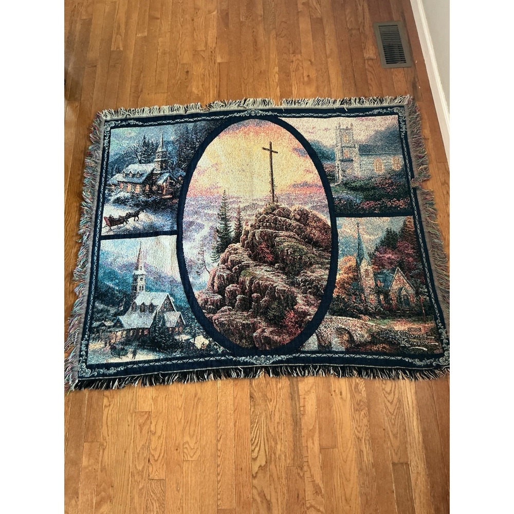 Thomas Kinkade Chapel Throw Blanket Churches Sunrise Fringed Tapestry 46 X 53